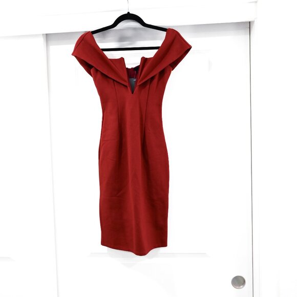 NBD Size XS Bishop Midi In Earthy Rust Off the Shoulder V Neck Mini Dress NWT - Picture 3 of 6